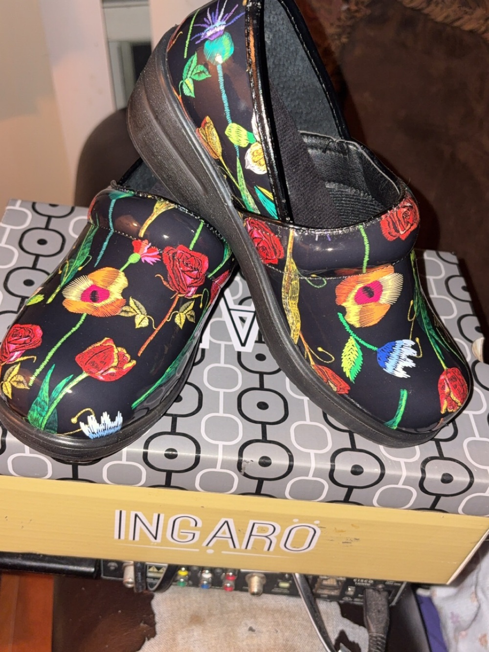 INGARO Floral-Print Black Slip-On Clogs